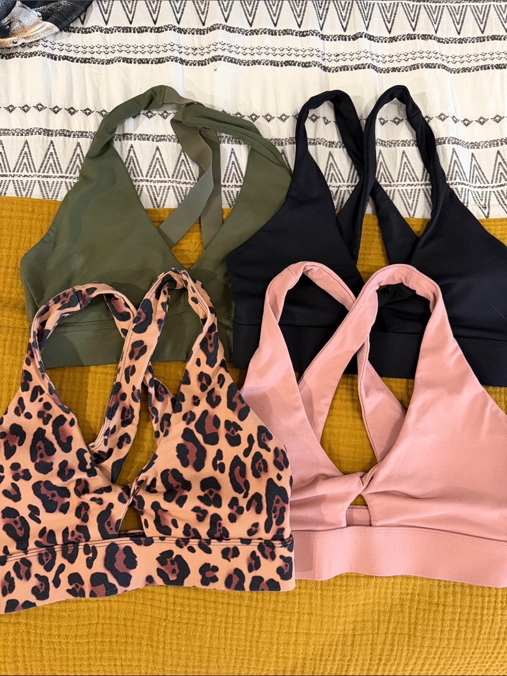 4 Fabletics Twist Front Sports Bras- Black & Olive Small, Blush & Leopard Medium